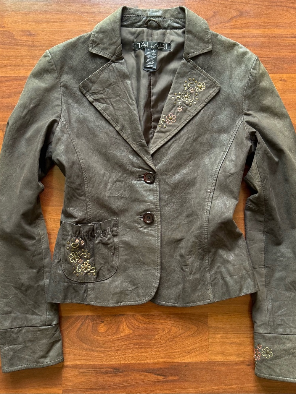 Tahari brown leather embroidered studded jacket Small genuine leather two button